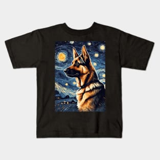 German Shepherd Dog Breed in a Van Gogh Starry Night Art Style Kids T-Shirt